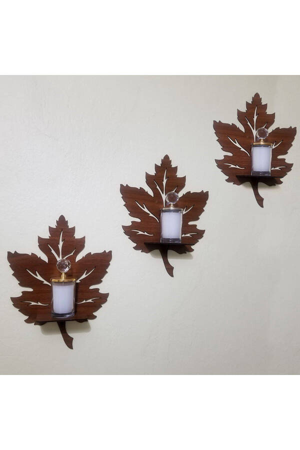 3-Piece Wooden Wall Decor Shelf Leaf Candle Holder Wall Decor Applique Painting Object - 3