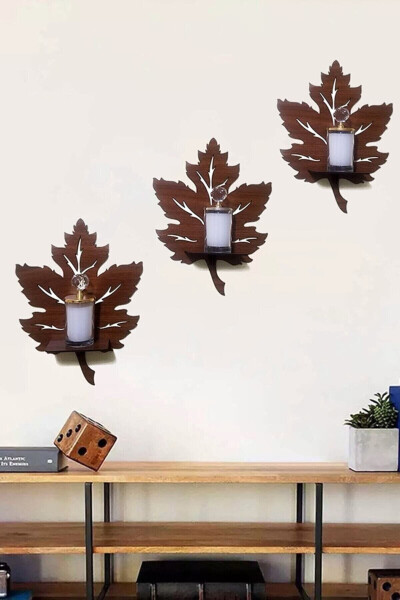 3-Piece Wooden Wall Decor Shelf with Maple Leaf Candle Holder - 4