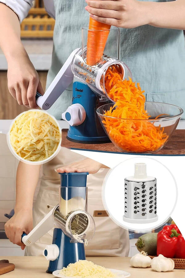 3 Stainless Steel Blade Handheld Grater with Suction Cup Kitchen Mandoline Vegetable Chopper Rondel Potato Slicer Set - 2