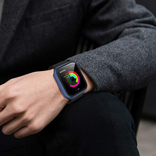 3-х слойный защитный чехол из твердого ПК, совместимый с Apple Watch SE 2022/Series 6/5/4/SE 44 мм, BHARVEST чехол с защитной пленкой из закаленного стекла для iWatch, покрытие без пузырьков, черный + синий + серебристый - 6