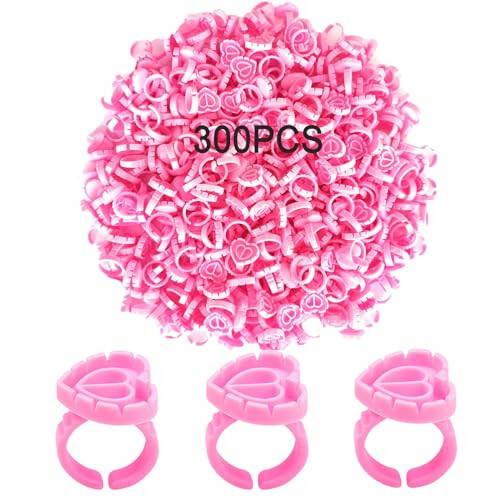 300PCS Glue Rings Lash Rings for Glue, Disposable Rings for Lashes, Smart Glue Rings Holder for Eyelash Extensions, Lovely Shape Lash Fan Blossom Glue Holder Cups for Lash Extension Supplies, Rose red - 1