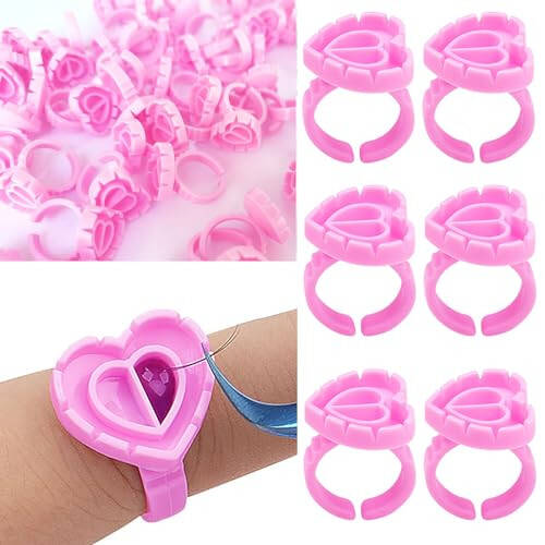 300PCS Glue Rings Lash Rings for Glue, Disposable Rings for Lashes, Smart Glue Rings Holder for Eyelash Extensions, Lovely Shape Lash Fan Blossom Glue Holder Cups for Lash Extension Supplies, Rose red - 4