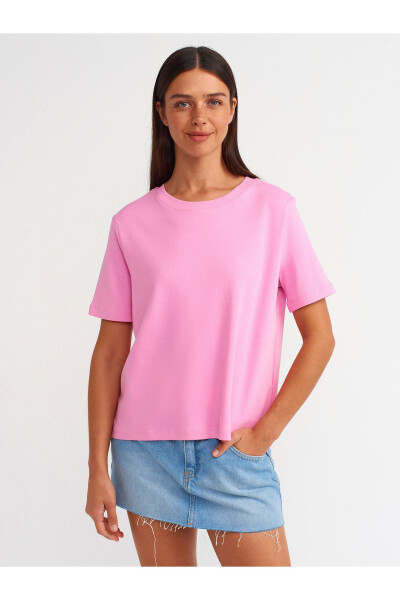 31142 Bisiklet Yaka Pamuklu T-shirt-pembe - 9