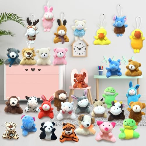 32Pcs Mini Plush Animals Toy Set Assortment Bulk Stuffed Keychain Party Favors for Kids Small Animals Decorations Toys Easter Carnival Prizes Christmas Birthday Goodie Bag Fillers - 12