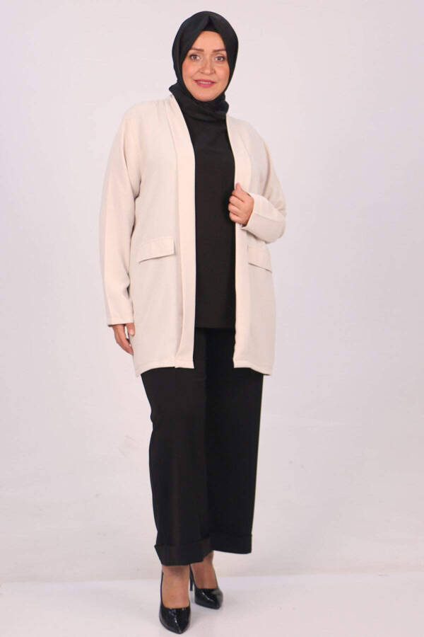 33027-1 Plus Size Double Layer Crepe Buttonless Jacket - Cream - 3