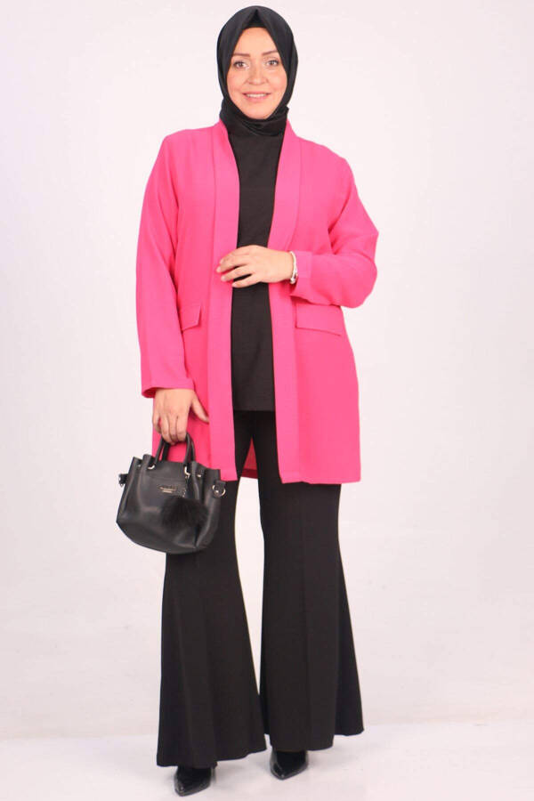 33027-1 Plus Size Double Layer Crepe Buttonless Jacket-Pink - 1