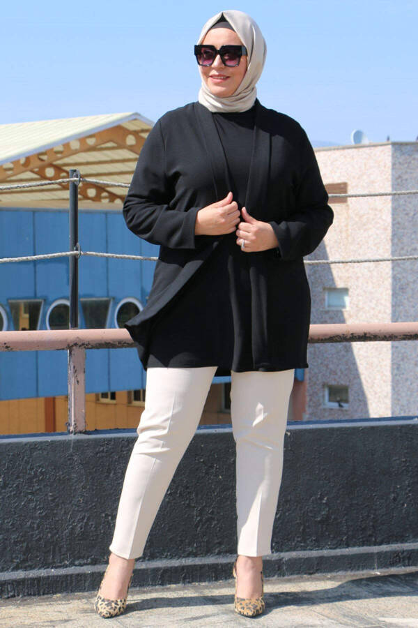 33027 Plus Size Double Layer Crepe Buttonless Jacket - Black - 1