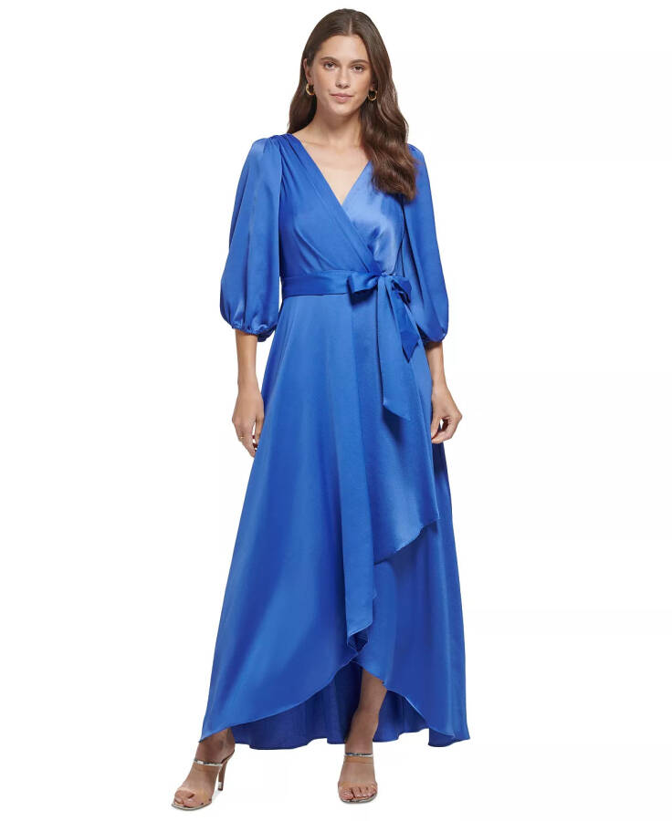 3/4-Sleeve Belted Faux-Wrap Gown Blue Quartz - 1