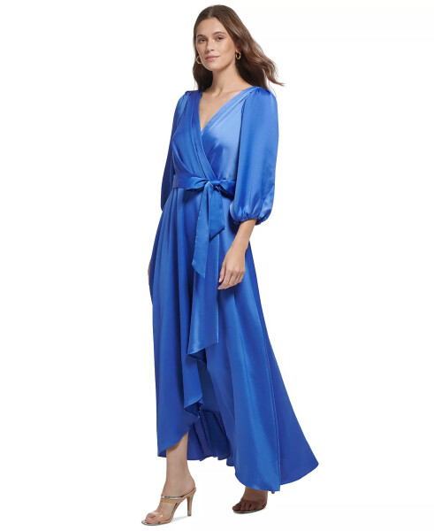 3/4-Sleeve Belted Faux-Wrap Gown Blue Quartz - 3