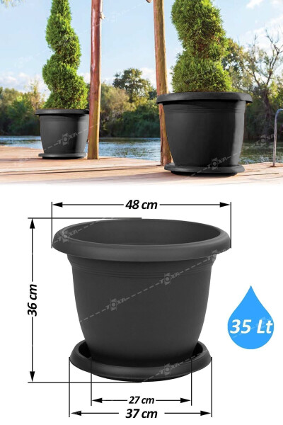 35 Litre Ø48x36cm Büyük Boy Yuvarlak Mat Plastik Saksı Villa No10 Tabaklı Antrasit Gri - 2