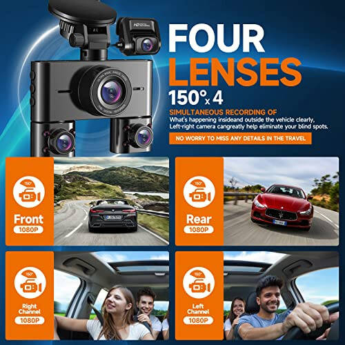 360° Dash Cam, 4 Channel Front and Rear Inside Dashcam, Car Camera FHD 1080Px4, Free 128GB Card, Built-in Wi-Fi Dash Camera for Cars, Night Vision, WDR, 3.16'' IPS Screen, 24H Parking Mode, V7 - 8