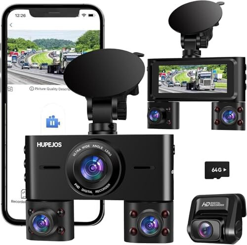 360° Dash Cam, 4 Kanal Oldingi va Orqa Ichki Dashcam, Avtomobil Kamerasi FHD 1080Px4, Bepul 128GB Karta, Avtomobillar uchun O'rnatilgan Wi-Fi Dash Kamera, Kechasi Ko'rish, WDR, 3.16'' IPS Ekran, 24 soatlik To'xtash Rejimi, V7 - 1