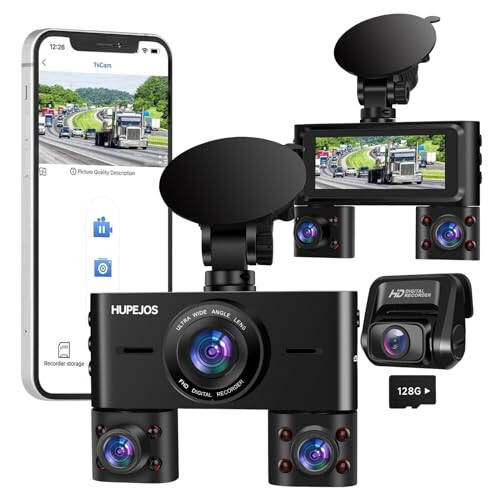 360° Dash Cam, 4-канальная передняя и задняя внутренняя Dashcam, автомобильная камера FHD 1080Px4, бесплатная карта 128 ГБ, встроенная Wi-Fi Dash Camera для автомобилей, ночное видение, WDR, 3,16'' IPS экран, режим парковки 24 часа, V7 - 7