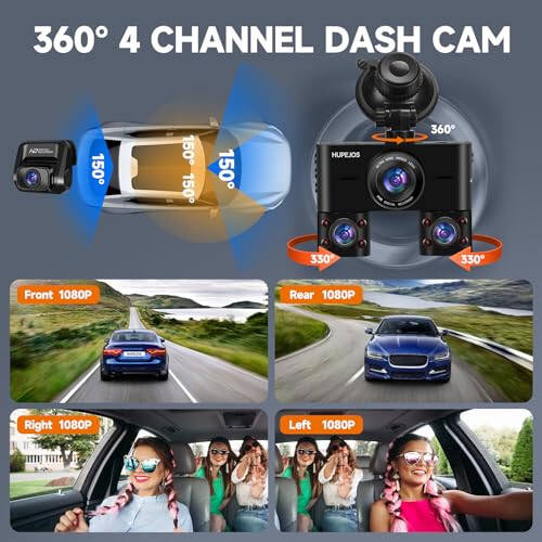 360° Dash Cam, 4-канальная передняя и задняя внутренняя Dashcam, автомобильная камера FHD 1080Px4, бесплатная карта 128 ГБ, встроенная Wi-Fi Dash Camera для автомобилей, ночное видение, WDR, 3,16'' IPS экран, режим парковки 24 часа, V7 - 3