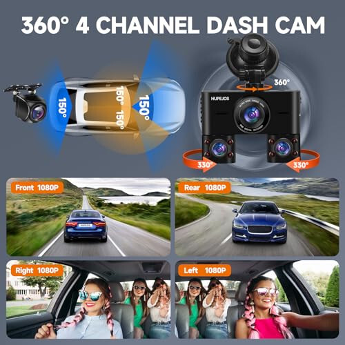 360 Dash Cam Front and Rear Inside, 4 Channel Dash Camera for Cars FHD 1080Px4, Built-in Wi-Fi, 3.16” IPS Screen, WDR Night Vision, Included 64GB Card, 24H Parking Mode - 2