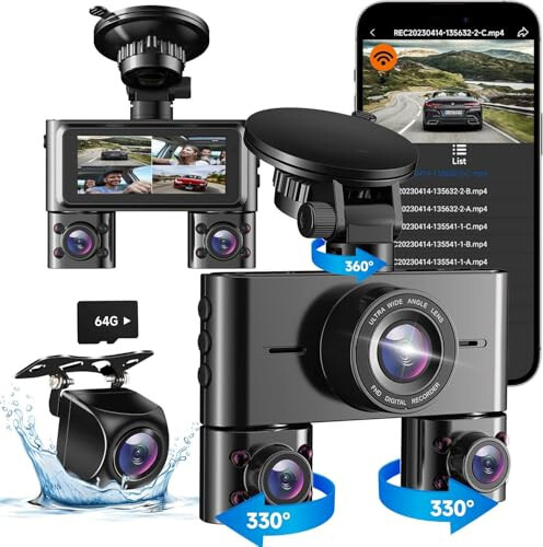 360 Dash Cam Front and Rear Inside, 4 Channel Dash Camera for Cars FHD 1080Px4, Built-in Wi-Fi, 3.16” IPS Screen, WDR Night Vision, Included 64GB Card, 24H Parking Mode - 6