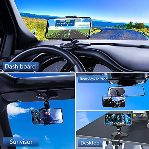 360 Degree Rotation Dashboard Cell Phone Holder for Car Clip Mount Stand Suitable for 4 to 7 inch Smartphones (Black) - 6