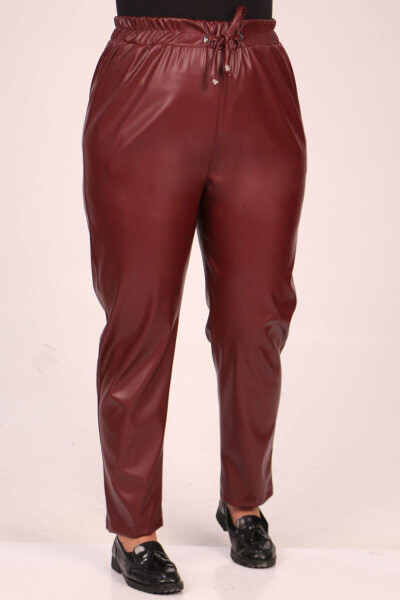 39039 Plus Size Elastic Waist Leather Pants - Burgundy - 1