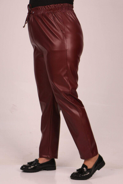 39039 Plus Size Elastic Waist Leather Pants - Burgundy - 3