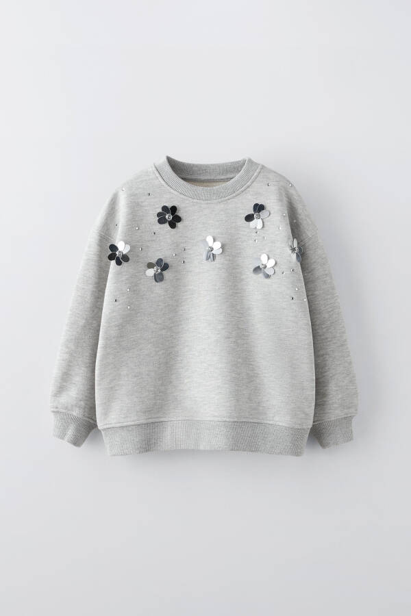 3D Çiçek Apikalli Sweatshirt - Gri Marn - 1