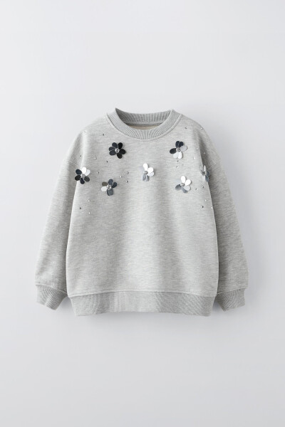 3D Çiçek Apikalli Sweatshirt - Gri Marn - 1