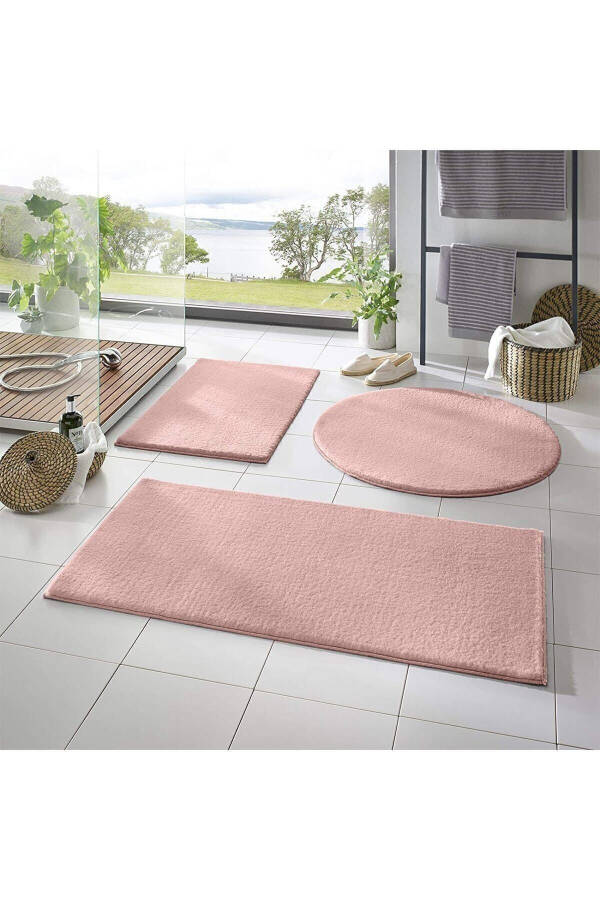 3'lü Banyo Paspası Halısı Peluş Halı Klozet Takımı Pudra-pembe 50x90-50x60--50x50(YUVARLAK) - 2