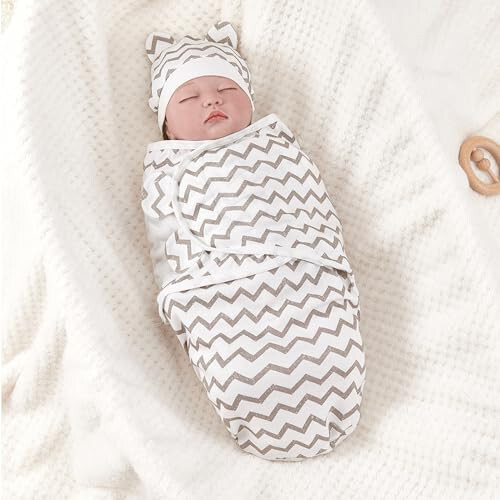 3'lü Bebek Swaddle Battaniyesi Şapka Seti 0-3 Aylık Yeni Doğanlar İçin Yumuşak Pamuklu Giyilebilir Bebek Erkek ve Kız (Gri) - 8