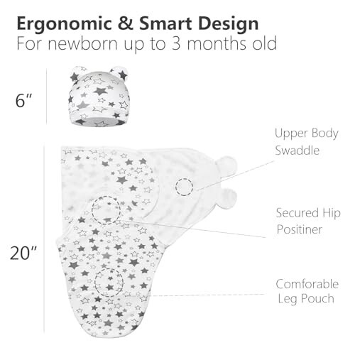 3'lü Bebek Swaddle Battaniyesi Şapka Seti 0-3 Aylık Yeni Doğanlar İçin Yumuşak Pamuklu Giyilebilir Bebek Erkek ve Kız (Gri) - 3