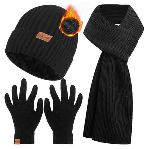 3PCS Winter Beanie Hat Scarf Touchscreen Gloves Set for Men and Women, Knitted Fleece Lined Hats Thermal Gloves Long Scarf - 1