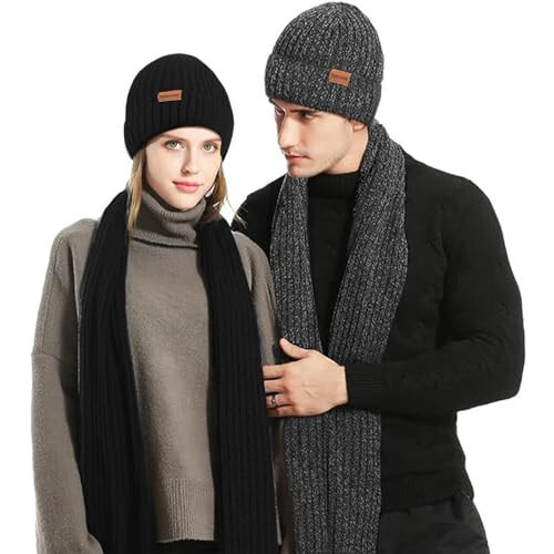 3PCS Winter Beanie Hat Scarf Touchscreen Gloves Set for Men and Women, Knitted Fleece Lined Hats Thermal Gloves Long Scarf - 2