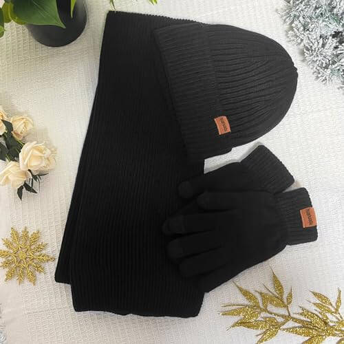 3PCS Winter Beanie Hat Scarf Touchscreen Gloves Set for Men and Women, Knitted Fleece Lined Hats Thermal Gloves Long Scarf - 6