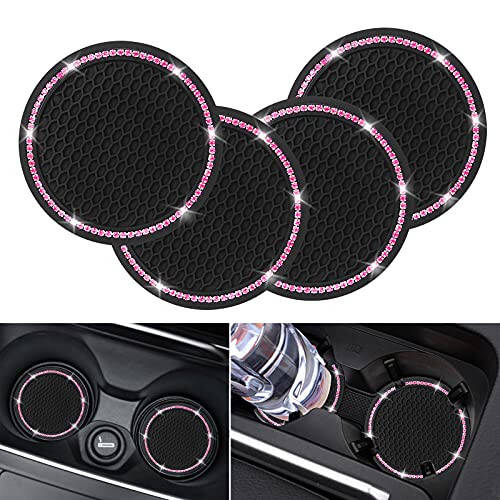 4 Pack Car Coasters, Universal Vehicle Bling Car Coaster, Cute Rhinestone Coaster for Cup Holders, Interior Accessories 2.75'' Silicone Anti Slip Car Coasters for Women (Pink Crystal Circle) - 1