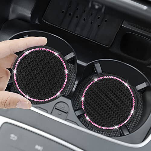 4 Pack Car Coasters, Universal Vehicle Bling Car Coaster, Cute Rhinestone Coaster for Cup Holders, Interior Accessories 2.75'' Silicone Anti Slip Car Coasters for Women (Pink Crystal Circle) - 2