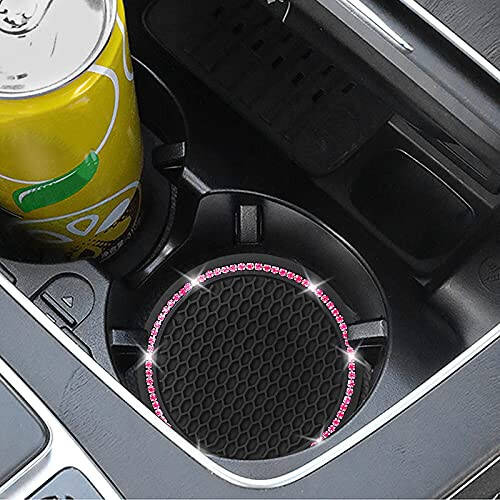 4 Pack Car Coasters, Universal Vehicle Bling Car Coaster, Cute Rhinestone Coaster for Cup Holders, Interior Accessories 2.75'' Silicone Anti Slip Car Coasters for Women (Pink Crystal Circle) - 3