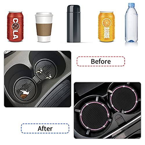 4 Pack Car Coasters, Universal Vehicle Bling Car Coaster, Cute Rhinestone Coaster for Cup Holders, Interior Accessories 2.75'' Silicone Anti Slip Car Coasters for Women (Pink Crystal Circle) - 4