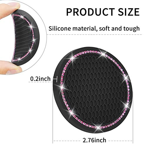 4 Pack Car Coasters, Universal Vehicle Bling Car Coaster, Cute Rhinestone Coaster for Cup Holders, Interior Accessories 2.75'' Silicone Anti Slip Car Coasters for Women (Pink Crystal Circle) - 5