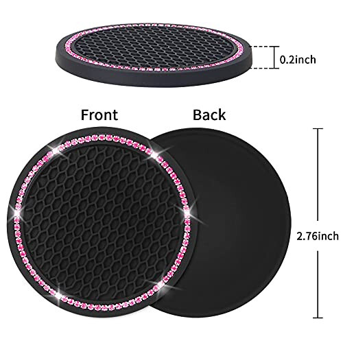 4 Pack Car Coasters, Universal Vehicle Bling Car Coaster, Cute Rhinestone Coaster for Cup Holders, Interior Accessories 2.75'' Silicone Anti Slip Car Coasters for Women (Pink Crystal Circle) - 6