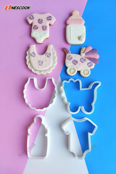 4 Piece Baby Shower Bibs Necklaces Apron Carriage Bottle Romper Baby Cookie Cutter Boy Girl - 1