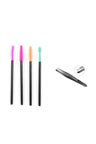 4-Piece Silicone Eyebrow and Mascara Set + Steel Silver Tweezers C04 - 1