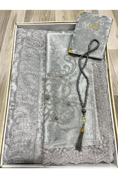 4-piece velvet lace dowry prayer rug set with box - 2