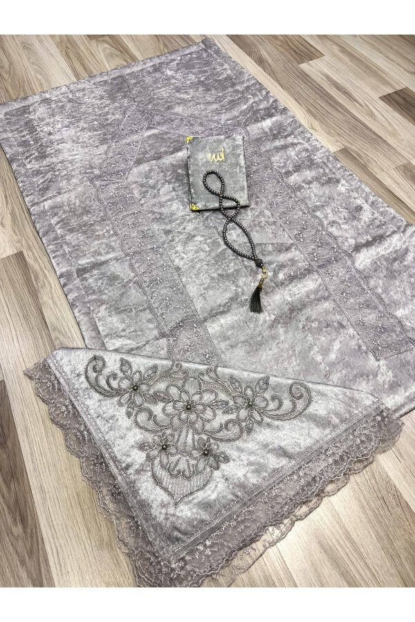 4-piece velvet lace dowry prayer rug set with box - 3