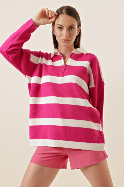 4512 Striped Oversized Sweater - Fuchsia - 4