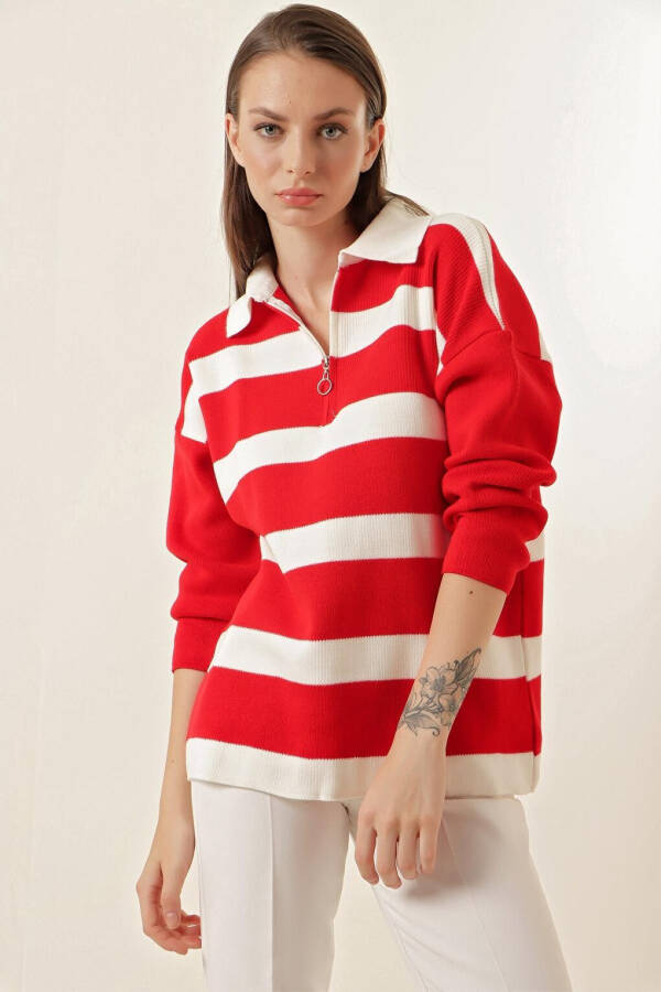 4512 Striped Oversized Sweater - Red - 1