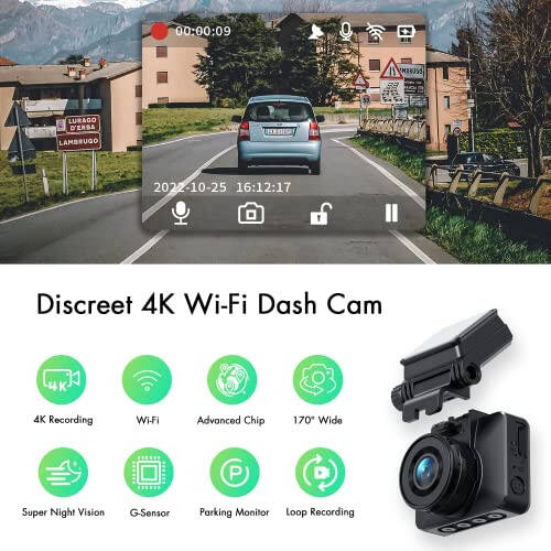 4K Dahili Wi-Fi UHD2160P Gizli Araç Gösterge Paneli Kamera Kaydedici, 24 Saat Park Gözetimi, Süper Gece Görüşü, Döngü Kaydı, 170° Geniş Açı, Uygulama Desteği - 2