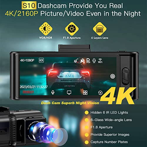 4K Dash Cam Front and Rear WiFi, Dash Cam 2160P 30fps Dash Camera for Cars W/GPS APP Car Camera W/Free 64GB Card, Dashcam W/Night Vision 24hrs Parking Mode G-Sensor Loop Recording WDR - 3