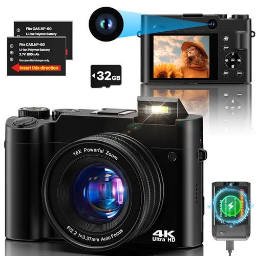 4K Digital Camera, 64MP Dual Cameras for Photography Autofocus Anti-Shake, Video Vlogging Camera for YouTube, Compact Travel Camera with 32GB SD Card, 16X Digital Zoom, Flashlight, 2 Batteries+Charger - 1