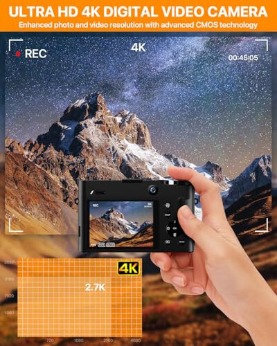 4K Digital Camera, 64MP Dual Cameras for Photography Autofocus Anti-Shake, Video Vlogging Camera for YouTube, Compact Travel Camera with 32GB SD Card, 16X Digital Zoom, Flashlight, 2 Batteries+Charger - 2