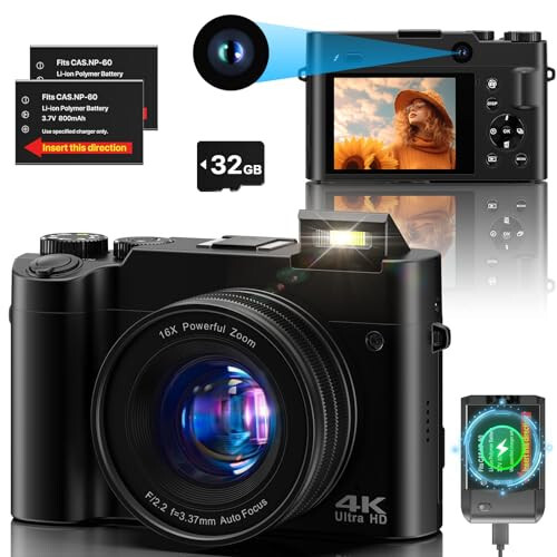 4K Dijital Kamera, Fotoğrafçılık İçin 64MP Çift Kamera Otomatik Odaklama Titreşim Önleyici, YouTube İçin Video Vlog Kamerası, 32GB SD Kartlı Kompakt Seyahat Kamerası, 16X Dijital Zoom, El Feneri, 2 Pil + Şarj Cihazı - 4