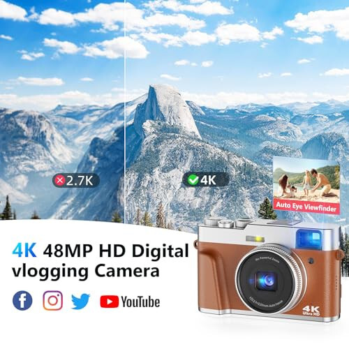 4K Dijital Kamera, Fotoğrafçılık Otomatik Odaklama 48MP YouTube Vlogging Kamerası, 16X Dijital Zoom Video Kamera Titreşim Önleyici 32GB Mikro Kartlı, Hediyelik Kompakt Odakla ve Çek Seyahat Kameraları (Kahverengi) - 2