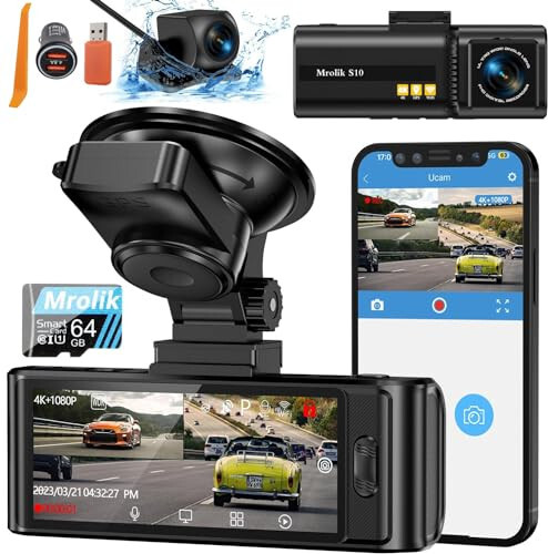 4K Ön ve Arka WiFi Dash Cam, Araçlar için 2160P 30fps Dash Kamera GPS Uygulamalı Araç Kamerası Ücretsiz 64GB Kartlı, Gece Görüşü 24 Saat Park Modu G-Sensör Döngü Kaydı WDR'li Dashcam - 1